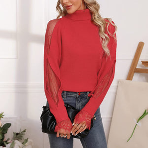Turtleneck Red Long Sleeve Lace Cuff Pullover Sweater