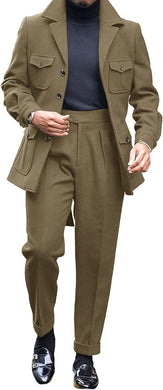 Classic Army Green Notched Lapel Men's Casual Sport Coat & Pants Suit