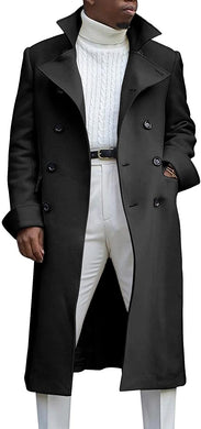 Men's Notch Lapel Double Breasted Long Sleeve Black Trench Coat