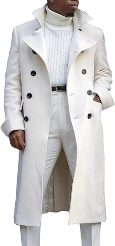 Men's Notch Lapel Double Breasted Long Sleeve White Trench Coat