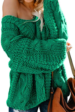 Loose Fitting Green Ribbed Cable Pullover Sweater