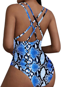 Fashionable Blue Snake Print Criss Cross Swimsuit