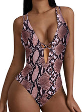 Load image into Gallery viewer, Fashionable Brown Snake Print Criss Cross Swimsuit
