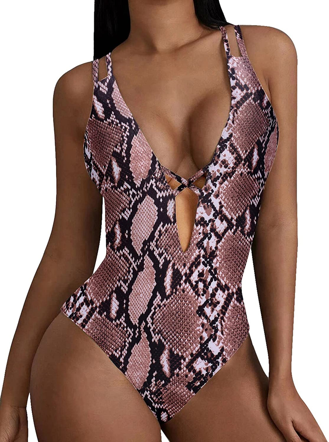 Fashionable Brown Snake Print Criss Cross Swimsuit