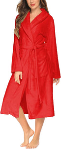 Red Winter Fleece Long Women's Robe with Pocket