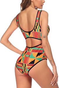 One Piece Orange Block Hollow Out Swimsuit