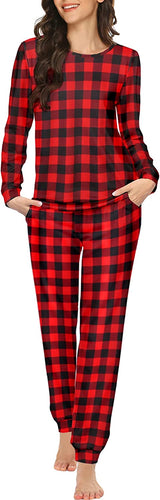 Red Plaid Long Sleeve Pajama Set with Pockets