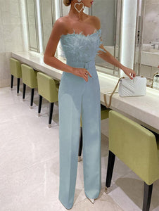 Classic Carnation Feather Tube Jumpsuit Off Shoulder Sleeveless Long Pants