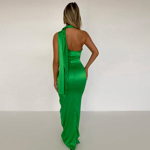 Sleeveless Green Satin Bodycon Maxi Dress