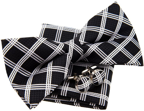 Men's Black Vintage Plaid Check Pre-tied Bow Tie