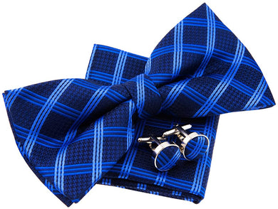 Men's Navy Blue Vintage Plaid Check Pre-tied Bow Tie