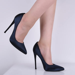 Bridal Navy Blue Satin Pointed Toe High Heels