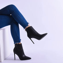Load image into Gallery viewer, Fashion Black Matte Pointed Toe Heeled Ankle Booties