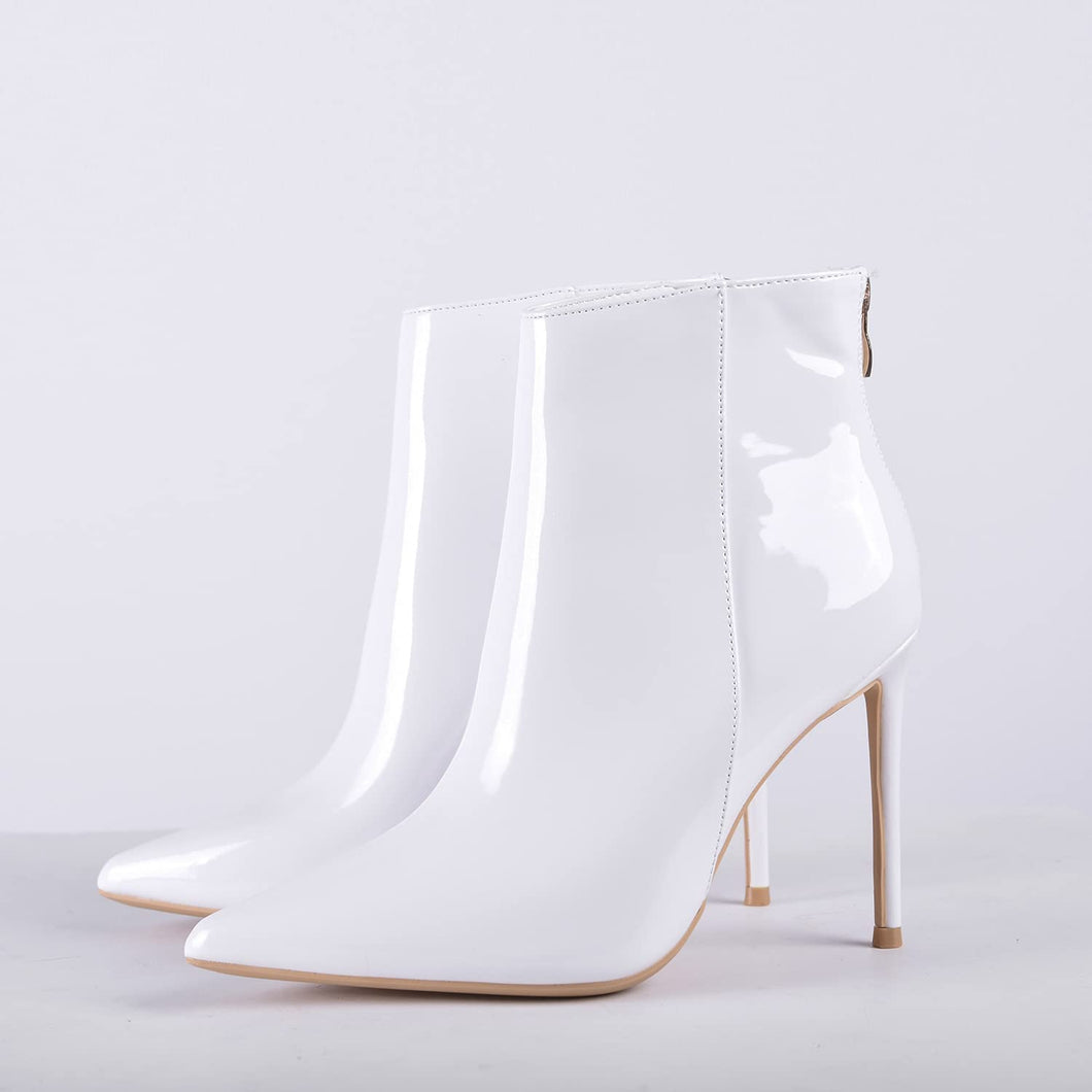 Fashion White PU Pointed Toe Heeled Ankle Booties
