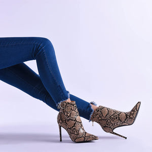 Fashion Snakeskin Pointed Toe Heeled Ankle Booties