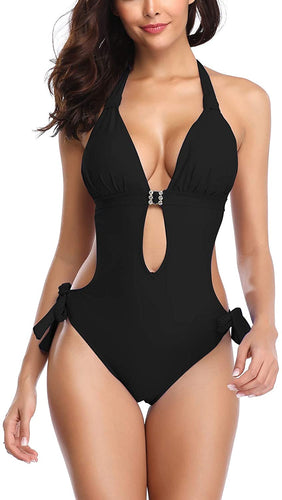 One Piece Black Bathing Suit Monokini Tummy Control Cutout Swimwear