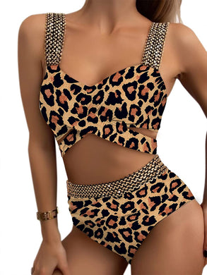 Ruched High Waisted Leopard Sequined Bikini Set