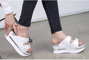 Vegan Leather White Slip On Chunky Platform Sandals