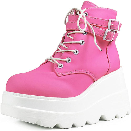 Square Toe Lace Up Pink Platform Boots