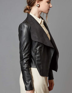 Black Open Front Slim Faux Leather Blazer Jacket