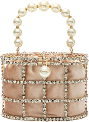 Evening Handbag Apricot Clutch Purses with Pearl Diamonds