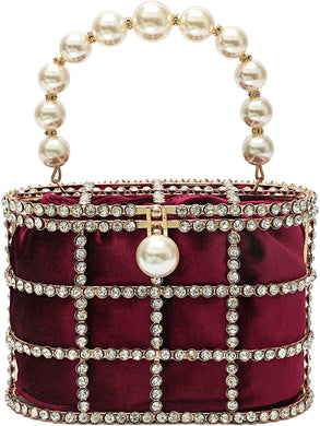 Evening Handbag Maroon Clutch Purses with Pearl Diamonds