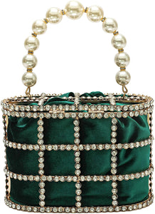 Evening Handbag Green Clutch Purses with Pearl Diamonds