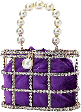 Evening Handbag Purple Clutch Purses with Pearl Diamonds