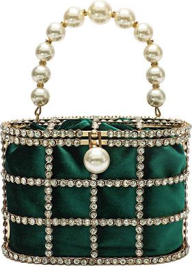 Green Clutch Purse with Diamond Pearls Handbag
