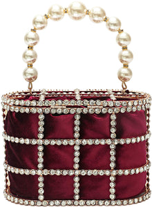 Evening Handbag Maroon Clutch Purses with Pearl Diamonds