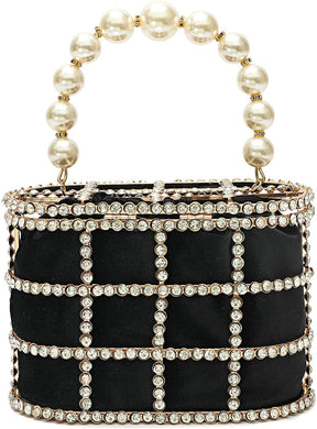 Evening Handbag Black Clutch Purses with Pearl Diamonds