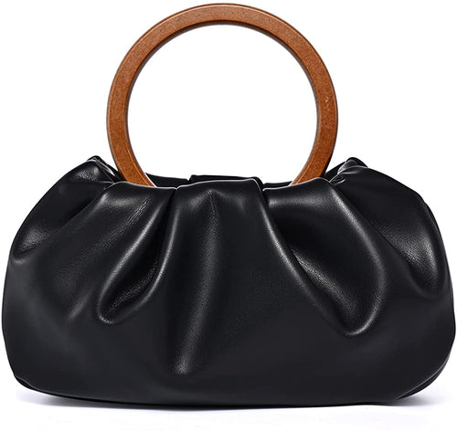 Trendy Black Ruched Wooden Top Handle Handbag