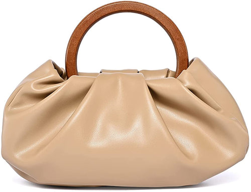 Khaki Trendy Ruched Wooden Handle Handbag