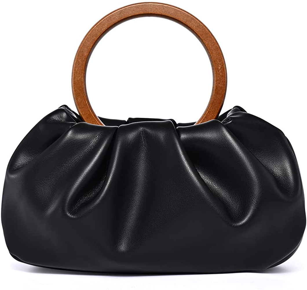 Trendy Black Ruched Wooden Top Handle Handbag