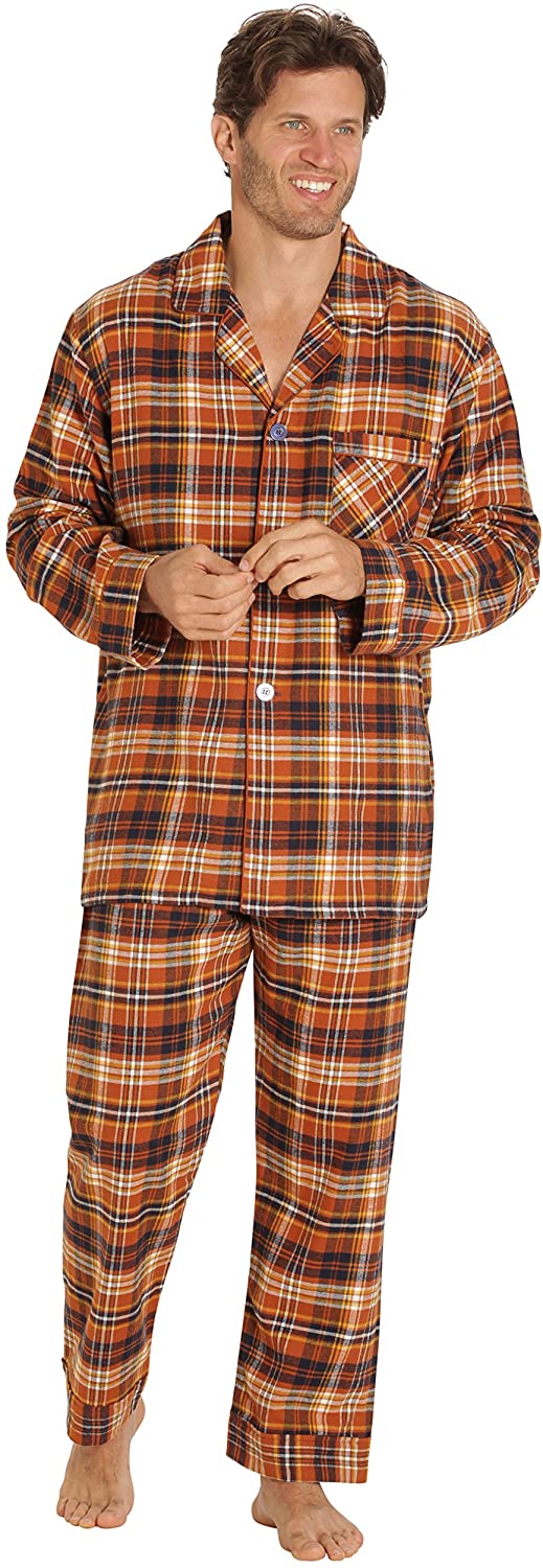 Flannel Pajamas Rusty Brown Plaid Cotton Sleepwear Set