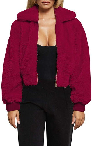 Cropped Furry Wine Red Zip Up with Pockets Warm Winter Jacket