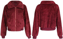 Load image into Gallery viewer, Cropped Furry Wine Red Zip Up with Pockets Warm Winter Jacket