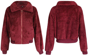 Cropped Furry Wine Red Zip Up with Pockets Warm Winter Jacket