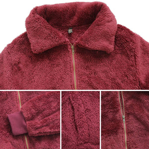 Cropped Furry Wine Red Zip Up with Pockets Warm Winter Jacket