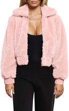 Load image into Gallery viewer, Warm Winter Cropped Faux Fur Zip-Up Pink Jacket with Pockets