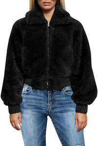 Warm Winter Cropped Faux Fur Zip-Up Pink Jacket with Pockets