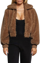 Load image into Gallery viewer, Warm Winter Cropped Faux Fur Zip-Up Khaki Jacket with Pockets