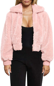 Warm Winter Cropped Faux Fur Zip-Up Pink Jacket with Pockets