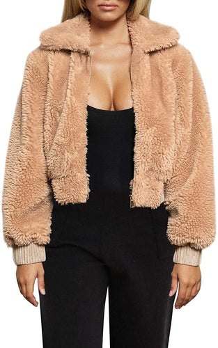 Warm Winter Cropped Faux Fur Zip-Up Khaki Jacket with Pockets