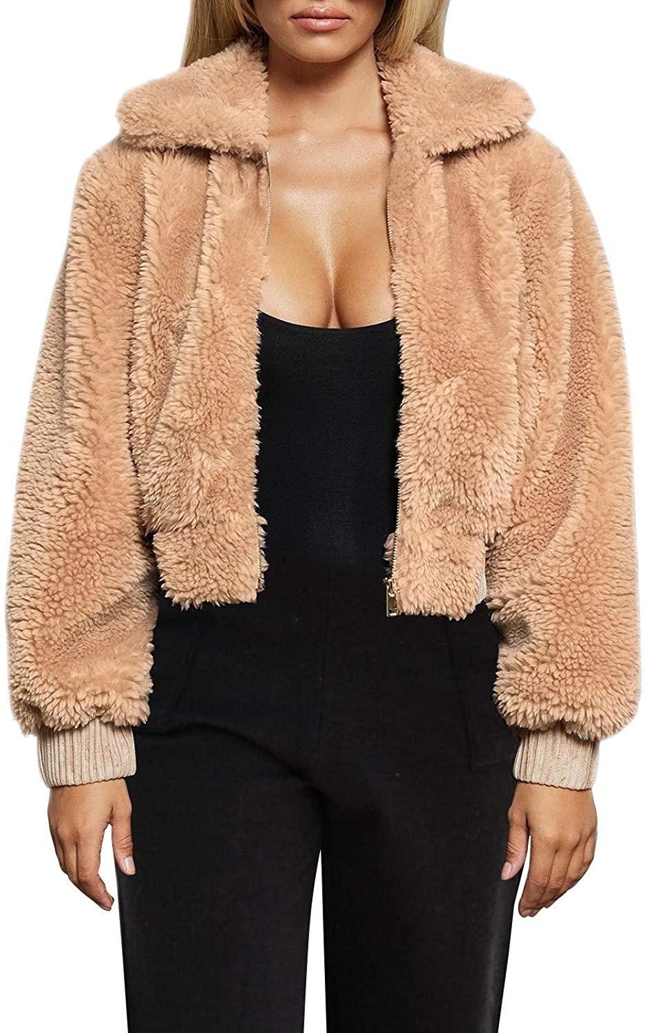 Warm Winter Cropped Faux Fur Zip-Up Khaki Jacket with Pockets