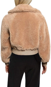 Warm Winter Cropped Faux Fur Zip-Up Khaki Jacket with Pockets