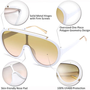 Premium Look White Retro Design Oversized One Piece Sunglasses