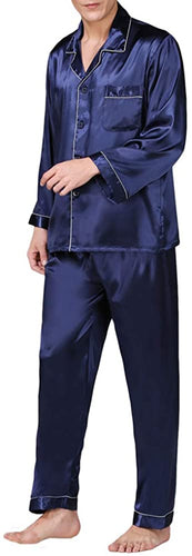 Men's Navy Blue Soft Satin Pajamas Top & Pants Set