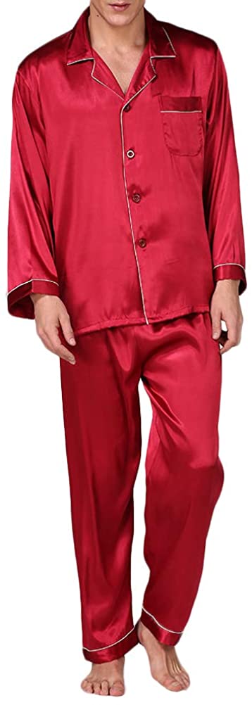 Men's Red Soft Satin Pajamas Top & Pants Set