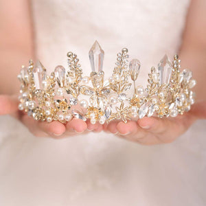 Bead Leaf Rhinestones and Crystal Pale Gold Tiara Crown